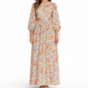 Maje -  Orange Blue Hibiscus Cut Out Maxi Dress